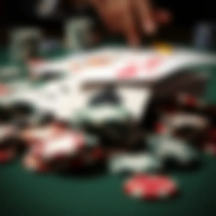 A pile of chips and cards, representing stakes in a card game.