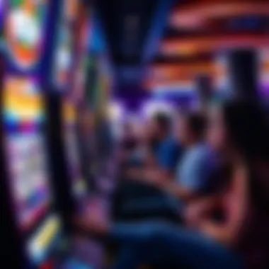 An illuminated gaming slot area, depicting various machines and engaging players.