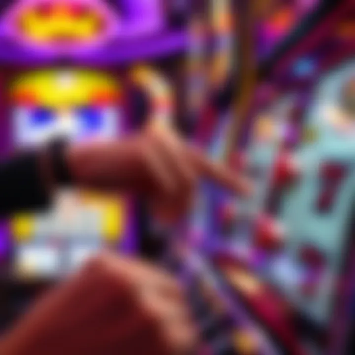 Engaging Gameplay Experience at the Slot Machines Close-up of a player's hand pushing the spin button on a slot machine