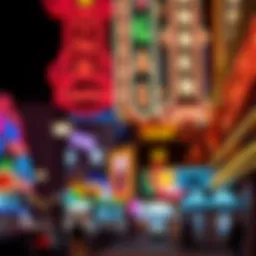 Vibrant neon lights of downtown Vegas casinos at night