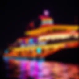 A luxurious floating casino at night, illuminated with vibrant lights