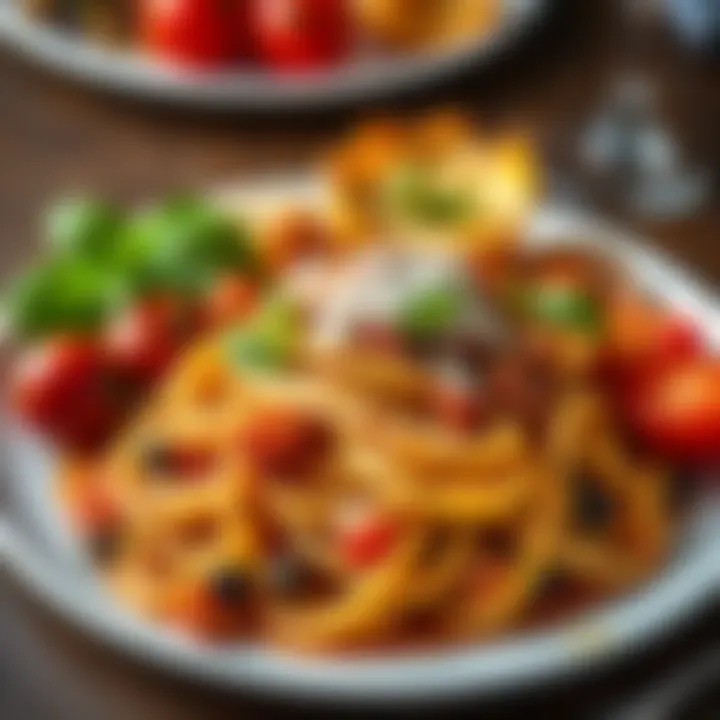 Artful Presentation of Italian Cuisine A beautifully arranged plate of traditional Italian pasta with fresh ingredients.