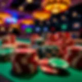 A vibrant display of poker chips and cards on a casino table