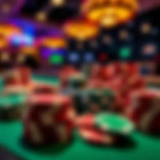A vibrant display of poker chips and cards on a casino table