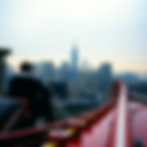Iconic skyline view of New York City with a roller coaster in the foreground