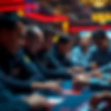 A group of players intensely focused on a poker game, illustrating strategic thinking.